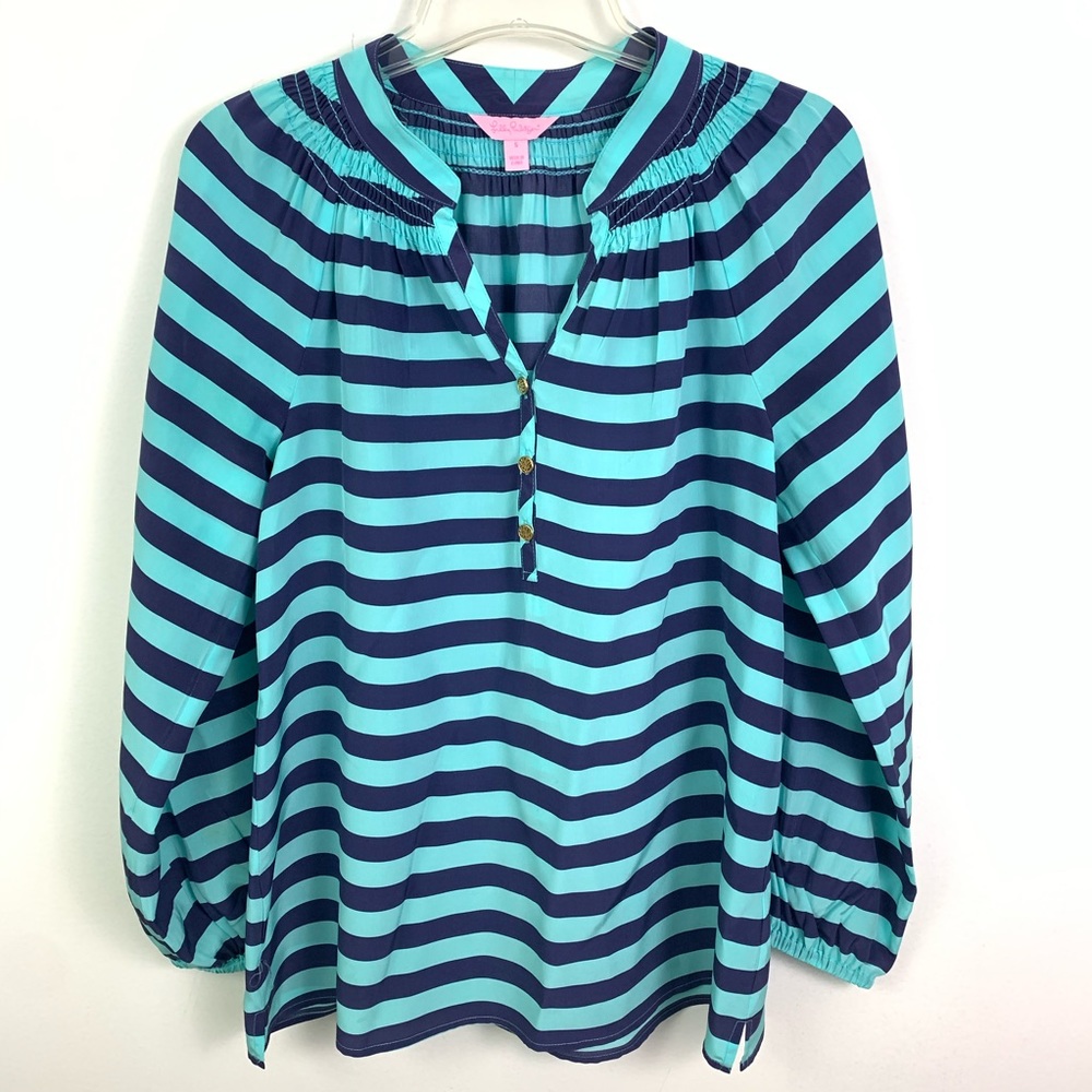 Lilly Pulitzer Womens Elsa V-Neck Stripe Silk Blouse Smack Collar Size Small